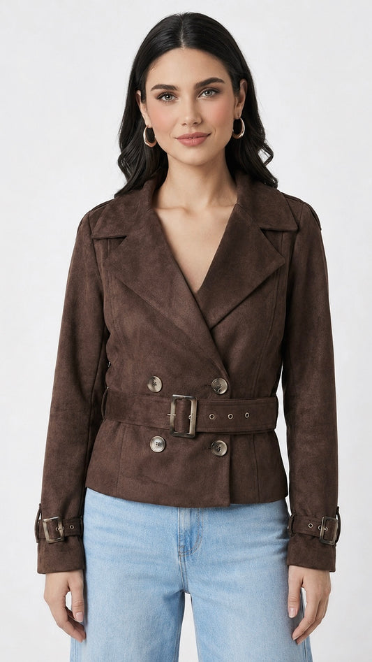BLAZER TRENCH COAT CROPPED DE GAMUZA OLIVIA MARRÓN