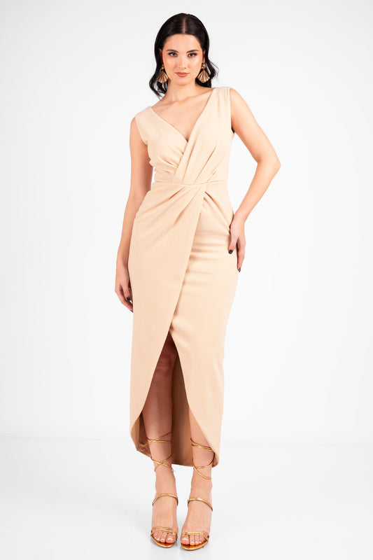 VESTIDO COCTEL CUELLO V  BLAIR BEIGE