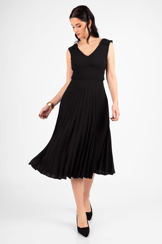 VESTIDO COCTEL PLISADO CASANDRA NEGRO