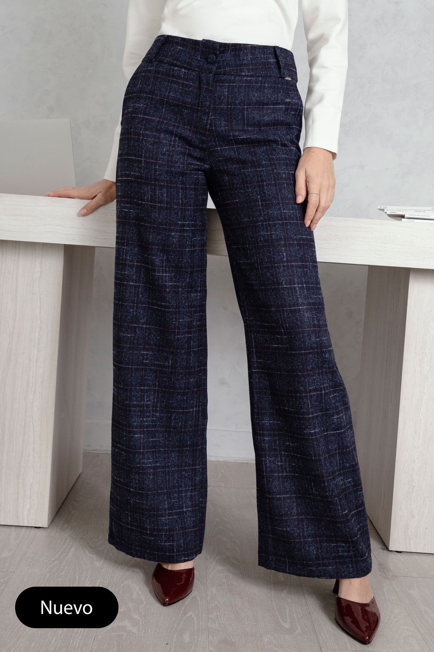PANTALÓN PALAZZO DE PAÑO GAIA AZUL PRINCIPE DE GALES