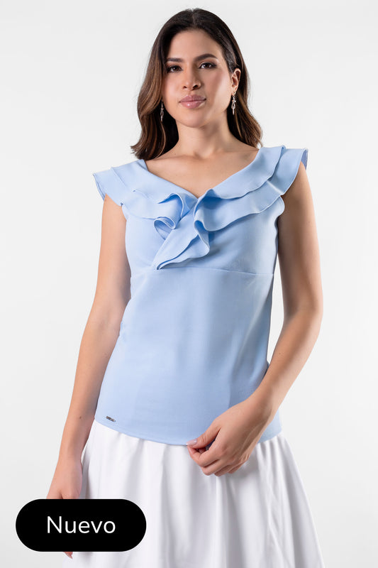 BLUSA CON VUELOS AZUCENA CELESTE