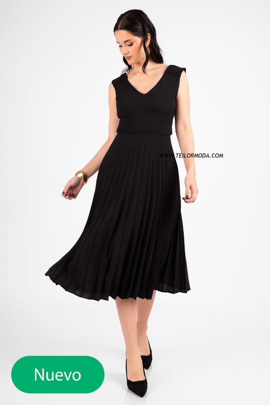 VESTIDO COCTEL PLISADO CASANDRA NEGRO