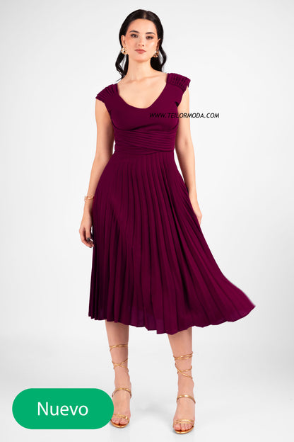 VESTIDO COCTEL PLISADO CASANDRA VINO