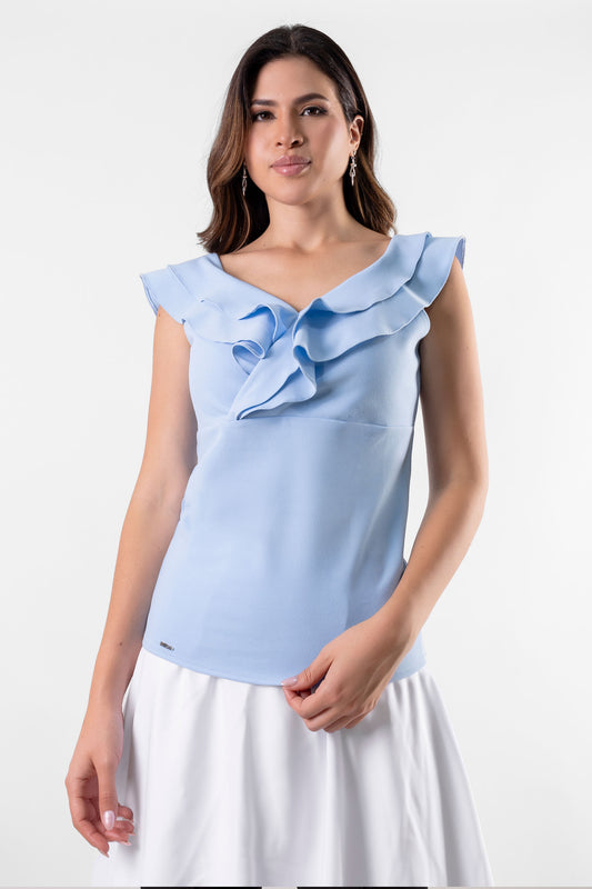 BLUSA CON VUELOS AZUCENA CELESTE